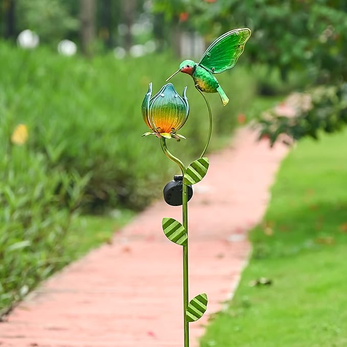 TERESA'S COLLECTIONS Glass Flower Bird Pathway Solar Outdoor Light for Garden Decor, 39'' Tulip and Hummingbird | Lumora