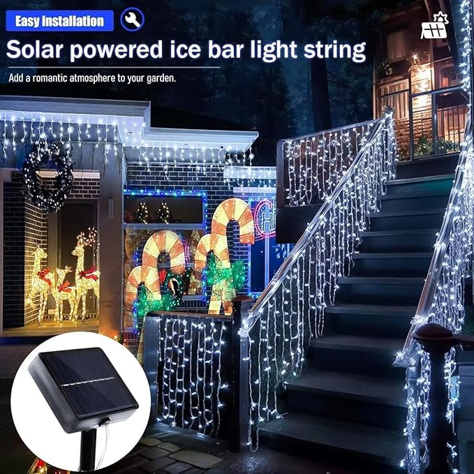 Solar LED Icicle String Lights, 160 LED, 8 Lighting Modes, Waterproof Outdoor Christmas Fairy Lights for Yard Garden Decoration, Pack of 1