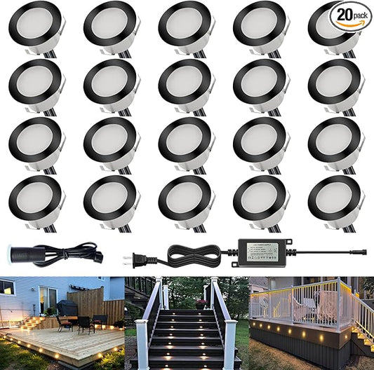 LED Outdoor Deck Lights Kits with Photocell, Φ1.77in Warm White 20 Pack Black, Low Voltage 12 Volt IP67 Waterproof, Electric Wired Recessed Stair Step Riser Landscape Lighting for Exterior Yard