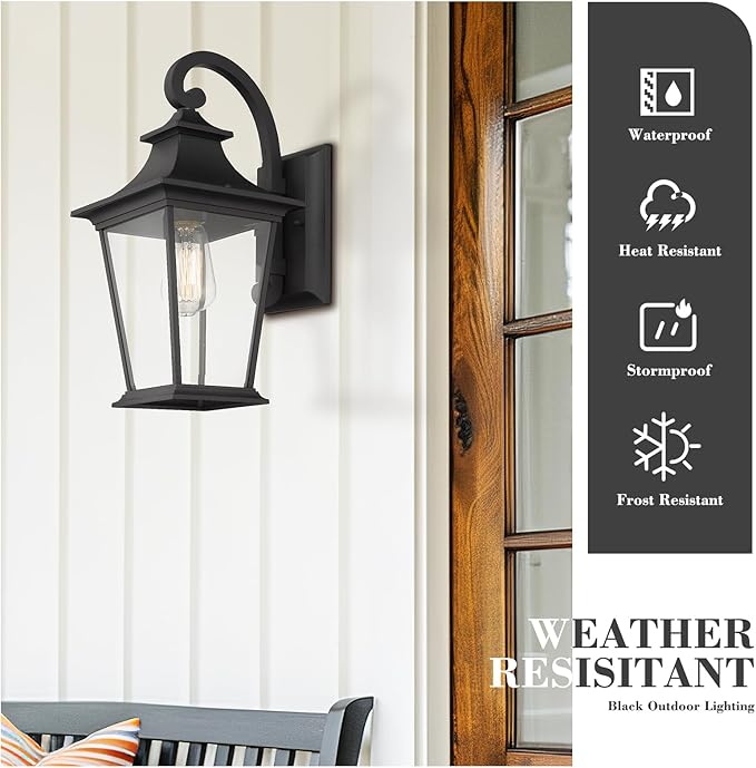 Emliviar Outdoor Wall Lantern, 1-Light Exterior Wall Mount Light with Clear Glass in Black Finish, 18" Height | Lumora