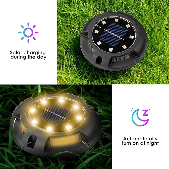 Fohil 12 Pack Solar Ground Lights Outdoor,12 LEDs Solar Disk Lights Waterproof In-ground Lights for Pathway Lawn | Lumora
