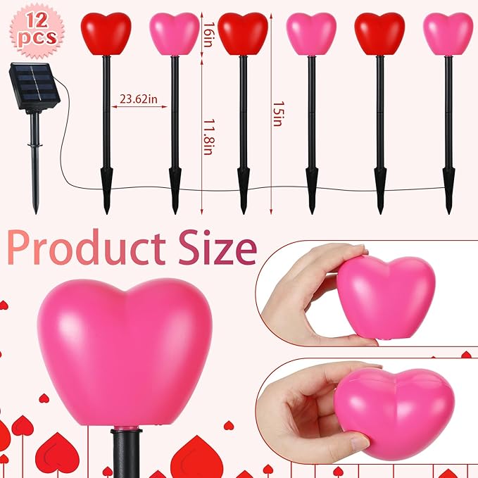 VIHOSE 12 Pack Solar Red Heart Stake Lights for Valentines Day Decor, Valentine's Day Solar Outdoor Waterproof Heart Shaped Pathway Light for Walkway Patio Garden Porch Party(Red, Pink)