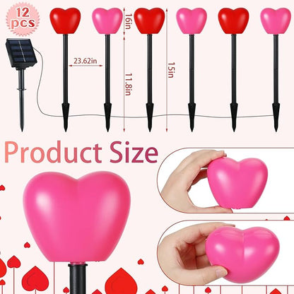VIHOSE 12 Pack Solar Red Heart Stake Lights for Valentines Day Decor, Valentine's Day Solar Outdoor Waterproof Heart Shaped Pathway Light for Walkway Patio Garden Porch Party(Red, Pink)