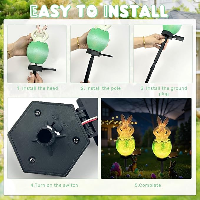 Solar Easter Egg Bunny Lights Outdoor, Waterproof Easter Solar Lights Rabbit Bunny Garden Statue Easters Yard Egg Decorations Outdoor for Outside Cemetery Grave (Green Don't See)