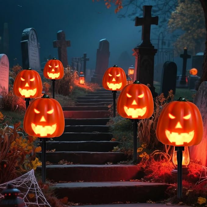 Halloween Outdoor Decor Pathway Lights Ghostface Pumpkin with Scary Voice Battery Powered Garden Stake Lights, Handblown Stake Decorative Path Lights for Outdoor Garden Lawn Patio Decorations 3 Pack