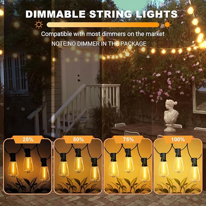 LAMPHOME Outdoor String Lights, 26FT Patio Lights with 12+1 ST38 LED Edison Bulbs (1 Spare), Connectable String | Lumora