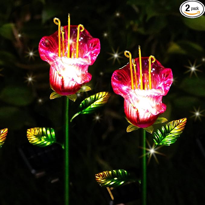 Outdoor Decorative Flowers 2 Pack, Waterproof Pink Glass Lily Flower Lights, Auto ON/Off Solar Decorative Lights for Garden, Patio, Backyard