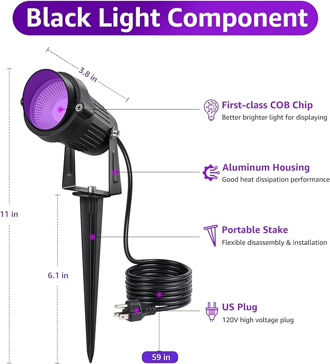 SUNVIE LED Black Light Spot Light Outdoor 10W Blacklight Spotlight Waterproof Halloween Spot Light Outdoor Black Light 120V Purple Spotlight Blacklights for Glow Party Decorations, 2Pack