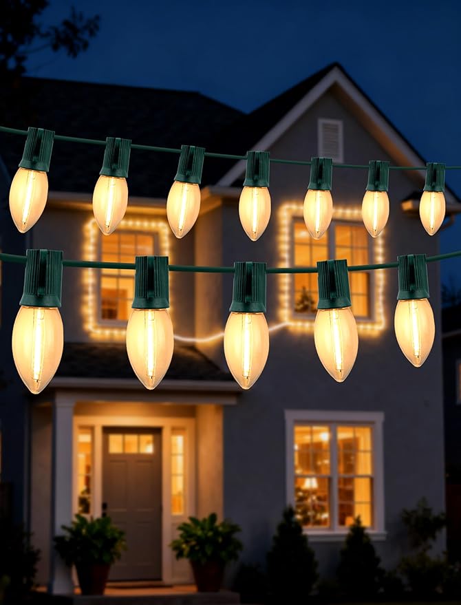 Vintage Christmas Lights Outdoor, 2-Pack（50FT 50 LED Total） C9 Strawberry String Lights, Connectable & Waterproof, Warm White for Classic Holiday Decorations, Home, Patio, and Christmas Tree