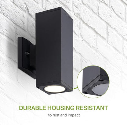 ASD 2 Light Square LED Indoor & Outdoor Wall Light Fixture | 18W 1900LM 3000K-5000K 120V Cylinder Up Down Lights | Dimmable Exterior Wall Sconce | Front Door, Porch, Patio | Black, ETL