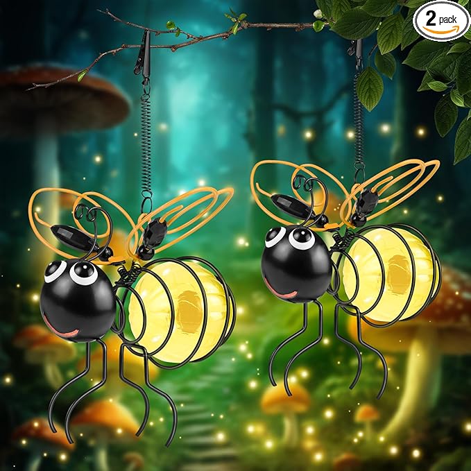 Solar Hanging Bees Lights 2 Packs - Cute Solar Insect Lights Outdoor Waterproof, Metal LED Bugs Lamp Garden | Lumora