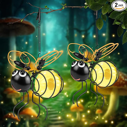 Solar Hanging Bees Lights 2 Packs - Cute Solar Insect Lights Outdoor Waterproof, Metal LED Bugs Lamp Garden Ornaments, Solar Fairy Lights for Balcony Backyard Patio Lawn Fence Decor