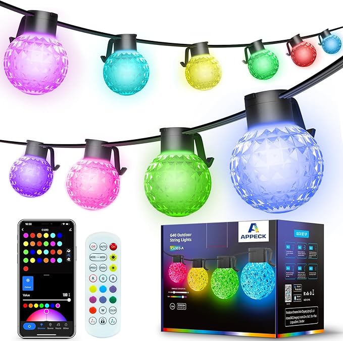 Outdoor String Lights 50FT, 25 Dimmable Color Changing LED Patio Lights with 54 Scene Modes, Warm White LED Bulbs for Outside, Christmas, Work with Alexa, Google, APP Control, IP65 Waterproof
