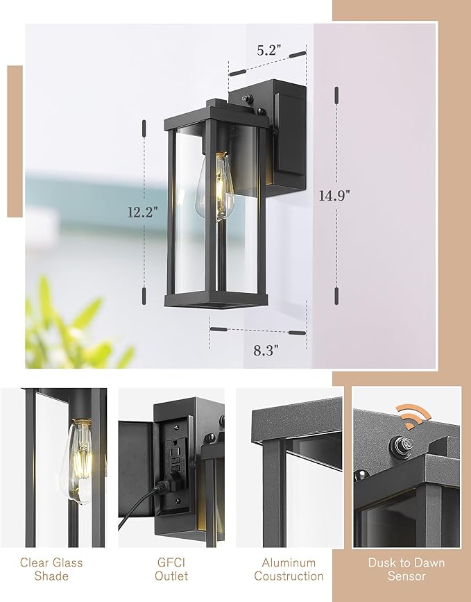 Ken & Ricky Outdoor Wall Light Fixture,Exterior Lighting Fixtures,Modern Sconce Lights for Porch Patio Garage Front Door with Gfci Outlet (Black)