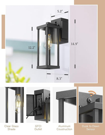 Ken & Ricky Outdoor Wall Light Fixture,Exterior Lighting Fixtures,Modern Sconce Lights for Porch Patio Garage Front Door with Gfci Outlet (Black)