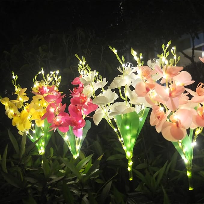 Solar Flower Lights, 2 Pack Solar Flowers with Pink & White Orchids, Solar Outdoor Lights, Waterproof Solar Garden Lights for Yard, Patio, Pathway, Lawn, Flowerbed, Grave, Cemetery Decor