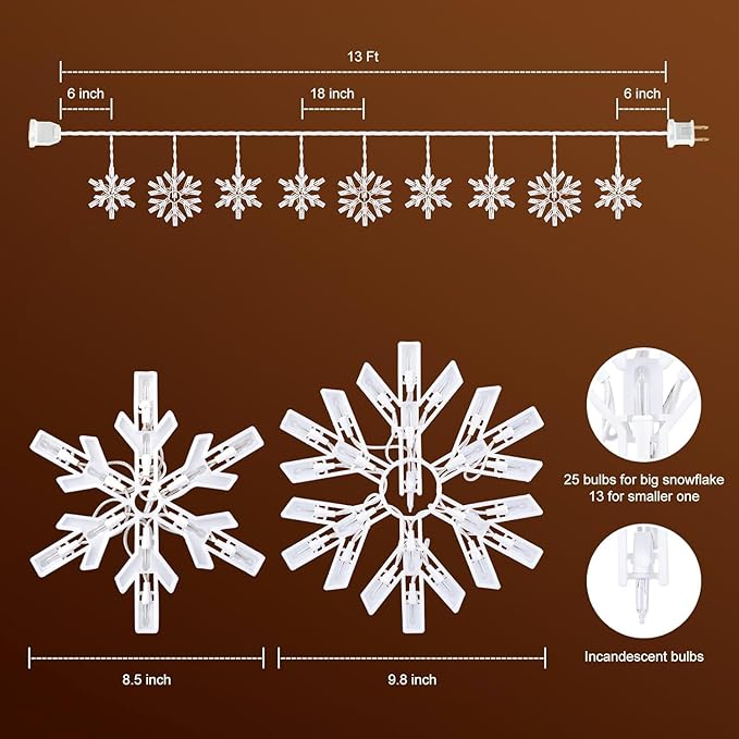Minetom Snowflake Christmas String Lights with 9 Drops - 13ft 150 Mini Bulb Icicle Lights with Clips, Plug-in Connectable Hanging Lights for Front Porch House Tree Decor Holiday Décor