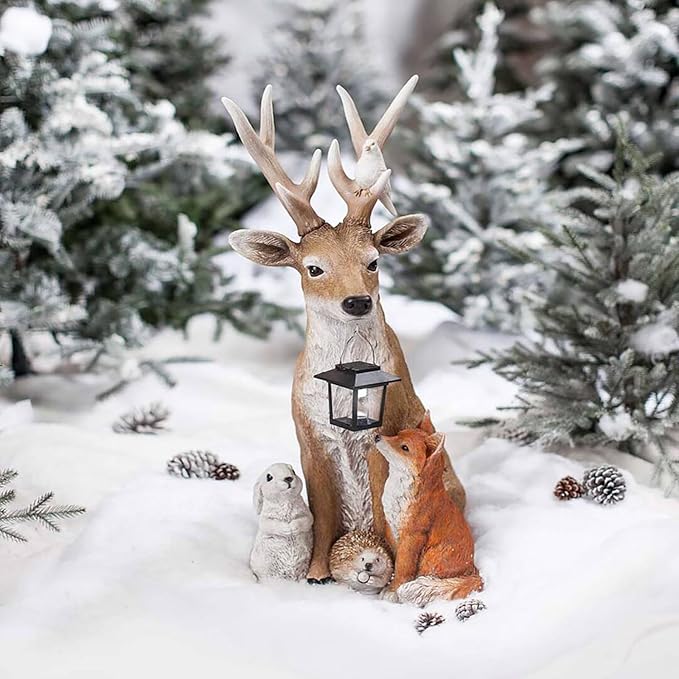 Creative Deer Rabbit Hedgehog Wolf Modeling Sculpture Lights, Small Animal Solar Resin Sculpture Lamp, Outdoor Solar Statue Lamps, Waterproof Energy Saving for Garden Lawn Yard Decoration (Brown)