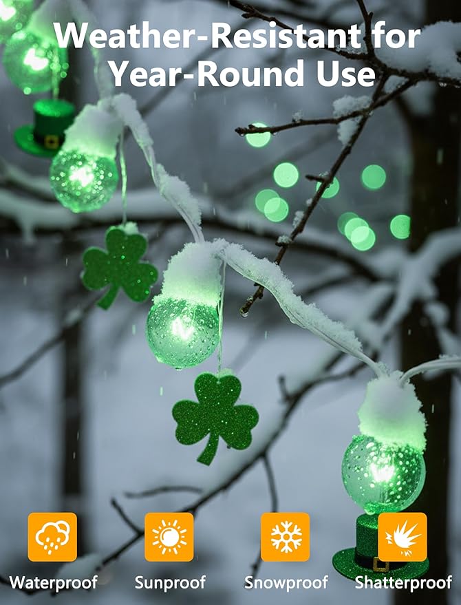 50Ft St. Patrick's Day G40 Outdoor String Lights, G40 Globe Patio String Lights Waterproof with 27 Green Incandescent Bulbs, Connectable Hanging Light for Backyard Porch Balcony St Patricks Day Decor