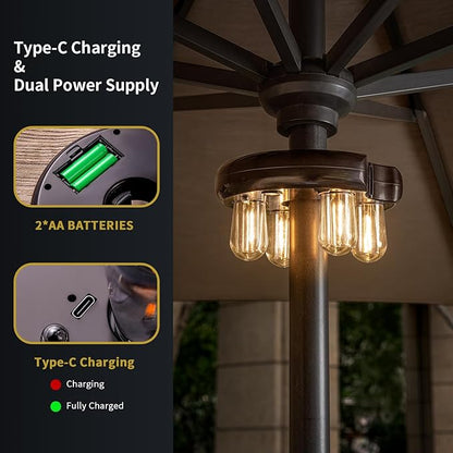 Patio Umbrella Light with Remote Control, Rechargeable Cordless LED Edison Bulbs Pole Light with 10 Brightness Levels for Garden, Patio, Backyard, Camping or BBQ - Brown (1 Pack)