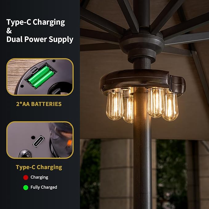 Patio Umbrella Light with Remote Control, Rechargeable Cordless LED Edison Bulbs Pole Light with 10 Brightness Levels for Garden, Patio, Backyard, Camping or BBQ - Brown (2 Pack)