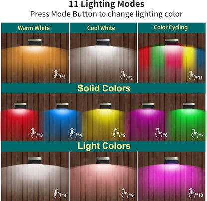8 Pack Solar Fence Lights Outdoor RGB and 10 Colors Stainless Steel Dusk to Dawn Deck Light Bright Step Lights Waterproof Led Solar Outdoor Light for Backyard Stairs, Patio