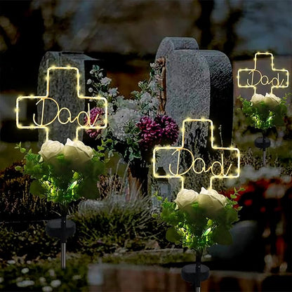 Lmtocs New Version Solar Cross Light for Cemetery Dad, 2 Modes with Rose Flower for Dad Grave Decorations, Waterproof Outdoor Light for Christmas Father Day Memorial Day Grave Decor
