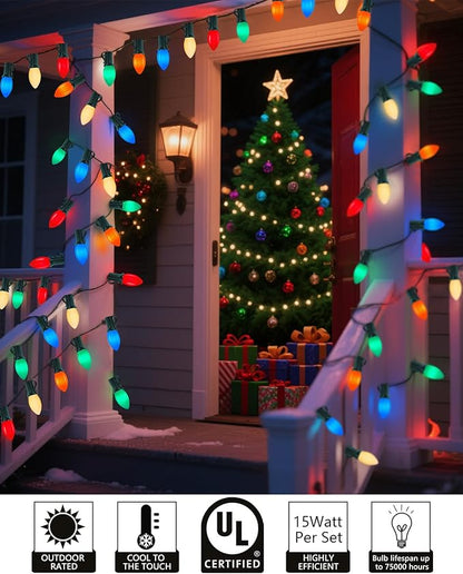 Christmas Lights Outdoor 25Ft C9 LED Vintage Christmas Lights with 27 LED Multicolor Ceramic Glass Bulbs(2 Spare), Connectable Plug in Xmas Light for Indoor Outside Home Patio Tree Holidays Decor