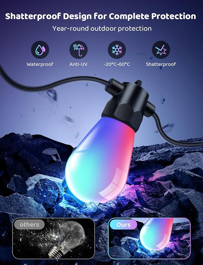 IP67 Waterproof DIY Design 65.6FT 20LEDS Smart RGB+IC Outdoor String Lights,Color Changing Bluetooth S14 LED Patio Lights with Remote&APP for Outside,Themable for Football Clubs,Patio,bar,café