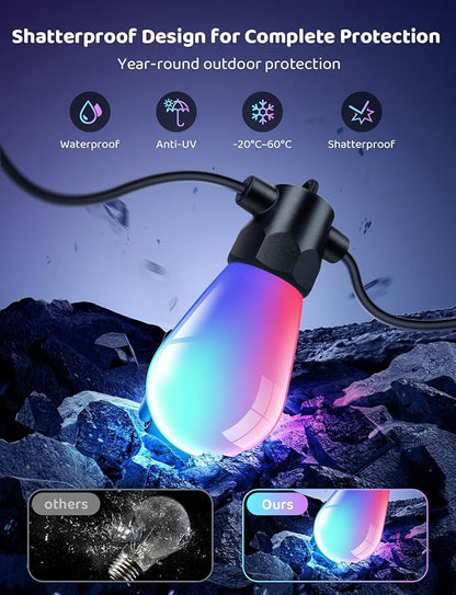 IP67 Waterproof DIY Design 65.6FT 20LEDS Smart RGB+IC Outdoor String Lights,Color Changing Bluetooth S14 LED Patio Lights with Remote&APP for Outside,Themable for Football Clubs,Patio,bar,café