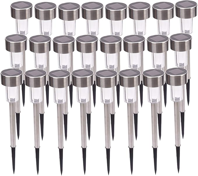 24pcs Solar Pathway Lights 5W Garden Lights High Brightness Solar Power LED Lawn Lamps with Waterproof Stainless Steel Lampshades Outdoor for Yard, Patio, Landscape, Walkway, White & Silver