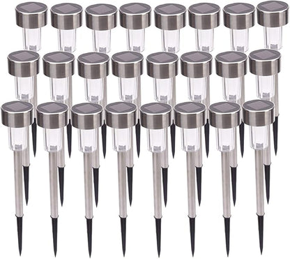 24pcs Solar Pathway Lights 5W Garden Lights High Brightness Solar Power LED Lawn Lamps with Waterproof Stainless Steel Lampshades Outdoor for Yard, Patio, Landscape, Walkway, White & Silver