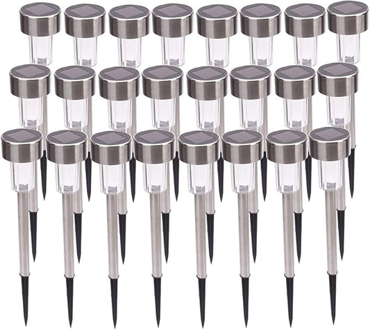 Solar Outdoor Lights, 5W LED Pathway Lights Solar Powered, Stainless Steel Waterproof Solar Garden Lights Decoration for Garden Patio and Walkway (24PCS, White & Silver)