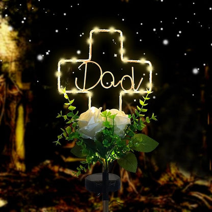Lmtocs New Version Solar Cross Light for Cemetery Dad, 2 Modes with Rose Flower for Dad Grave Decorations, Waterproof Outdoor Light for Christmas Father Day Memorial Day Grave Decor