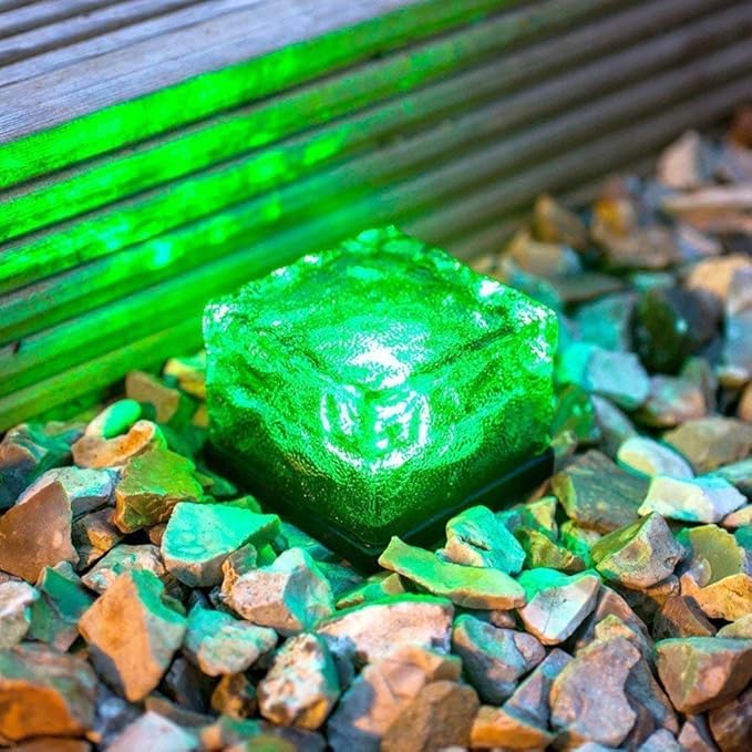 4 Pack Solar Path Ice Cube Lights Outdoor, Waterproof Glass LED Glass Clear Brick in-Groud Buried Festive Light Night Lamp for Garden Courtyard Pathway Patio Pool Pond Decoration(Green)