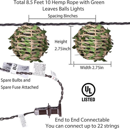 Decorative Lantern String Lights, Outdoor Plug in Hanging Lights with 10 Natural Hemp Rope Leaf Balls, Connectable Weatherproof Patio Globe Boho String Lights for Home Pergola Porch Party Backyard