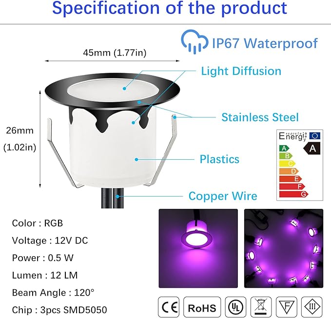 LED Outdoor Deck Lights with Photocell, Φ1.77in RGB 10 Pack Black, Low Voltage 12V IP67 Waterproof, Multi Color Changing Remote Dimmable, Electric Wired Recessed Stair Step Landscape Lighting