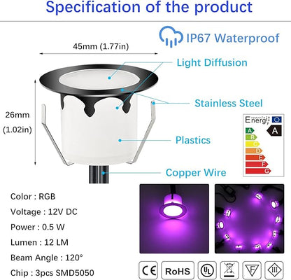 LED Outdoor Deck Lights with Photocell, Φ1.77in RGB 20 Pack Black, Low Voltage 12V IP67 Waterproof, Multi Color Changing Remote, Electric Wired Recessed Stair Step Landscape Lighting for Yard