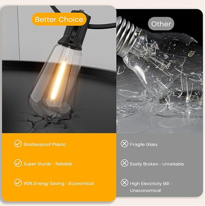 Outdoor String Lights 100ft ST38 Patio Lights with Waterproof Shatterproof 50(+2) LED Bulbs,Outside Hanging Vintage Edison Lights for Porch, Deck, Garden, Backyard, Balcony, 2700K Dimmable