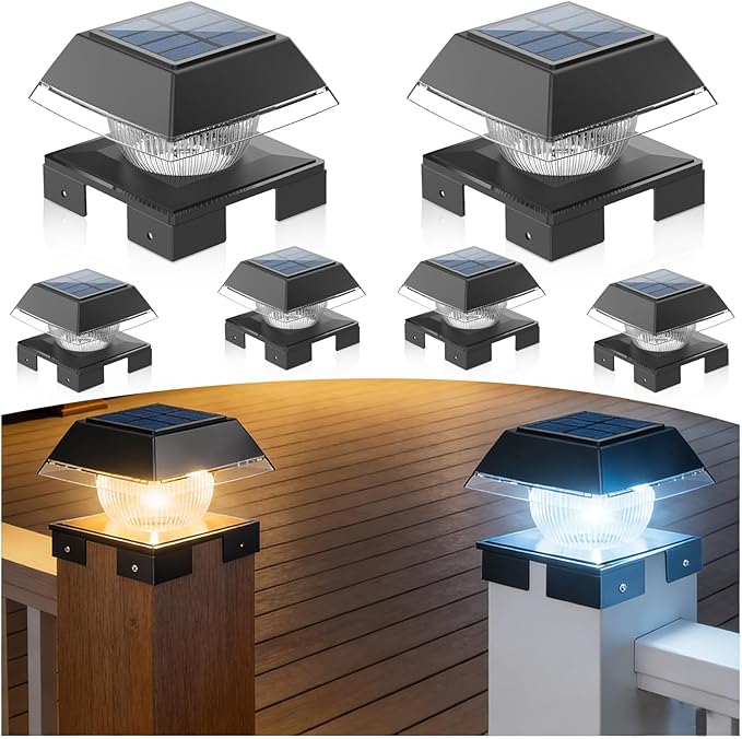 4x4 Solar Post Cap Lights with 2 Lighting Modes, 6 Packs Outdoor Post Light Solar Powered Waterproof IP65, Fence Deck Lights for 4×4 Wood/Vinyl Posts,Black