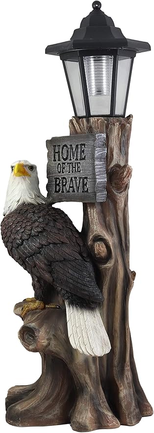 Ebros Home of The Brave Patriotic American Bald Eagle Perching On Tree Stump Garden Courtesy Night Light Statue Solar LED Lantern Lamp Guest Greeter Decor for Patio Poolside Home Figurine