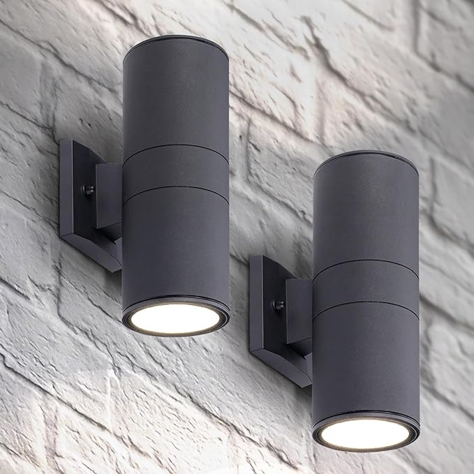 ASD 2 Light LED Indoor & Outdoor Wall Light Fixture | 18W 1900LM 3000K-5000K 120V Cylinder Up Down Lights | Dimmable Waterproof Exterior Wall Sconce | Front Door, Porch, Patio | Black, ETL 2 Pack