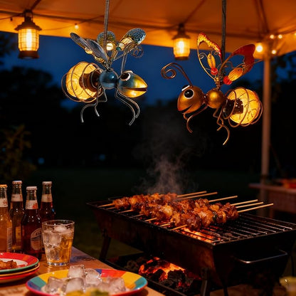 2 Pcs Waterproof Solar Hanging Bee Lights, Metal Bumblebee Figurine LED, Outdoor Garden Balcony Porch Spring Holiday Party Decoration