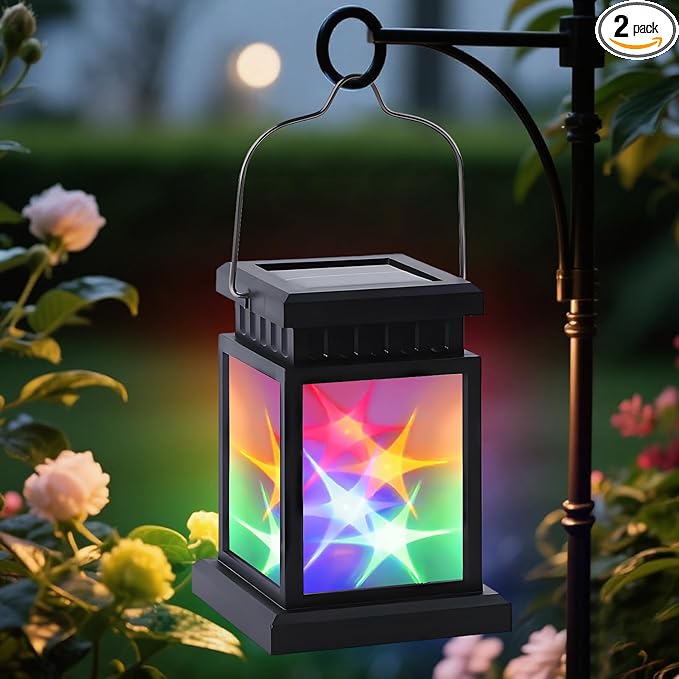 Solar Lanterns Lights Outdoor, 2 Pack Waterproof Star Light, Decorative Hanging Lantern Lights for Yard Patio Garden Driveway, RGB Light