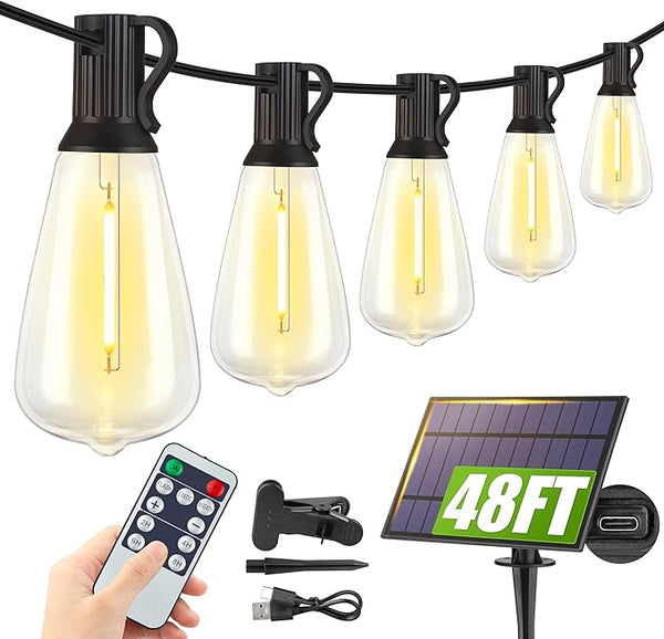 48FT Solar String Lights Outdoor with Remote, Waterproof Dimmable Patio Lights with 15+1 LED ST38 Bulbs 3 Modes | Lumora