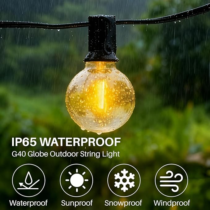25 FT Yellow Outdoor String Lights G40 Globe Shatterproof Patio Lights,13 Plastic Edison Bulbs(1 Spare) IP65 Waterproof Dimmable LED Bulbs for Backyard Porch Balcony Party Decor, E12 Base