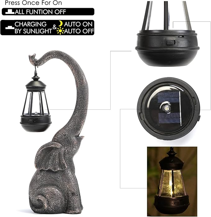 Elephant Garden Statue with Solar Lights, Outdoor Elephant Statues, Porch Decor for Outside Patio Lawn Porch Balcony, Elephant Figurine Decor, Birthday Gifts for Women Mom Grandma Animal Lovers