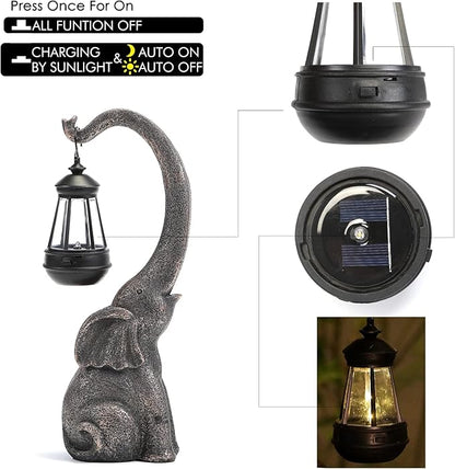 Elephant Garden Statue with Solar Lights, Outdoor Elephant Statues, Porch Decor for Outside Patio Lawn Porch Balcony, Elephant Figurine Decor, Birthday Gifts for Women Mom Grandma Animal Lovers