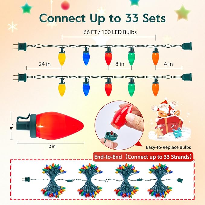 Brightown C9 LED Christmas String Lights, 2 Pack 66ft Multi-Color Outdoor Lights String with 100 Smooth Opaque | Lumora