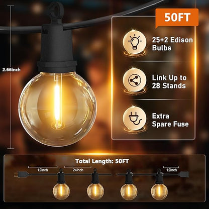 LED Outdoor String Lights, 50ft G40 Globe Hanging Patio Lights with 25 Shatterproof Waterproof Bulbs, Dimmable Hanging Connectable Round Outdoor Lights for Backyard Bistro Porch Deck Balcony